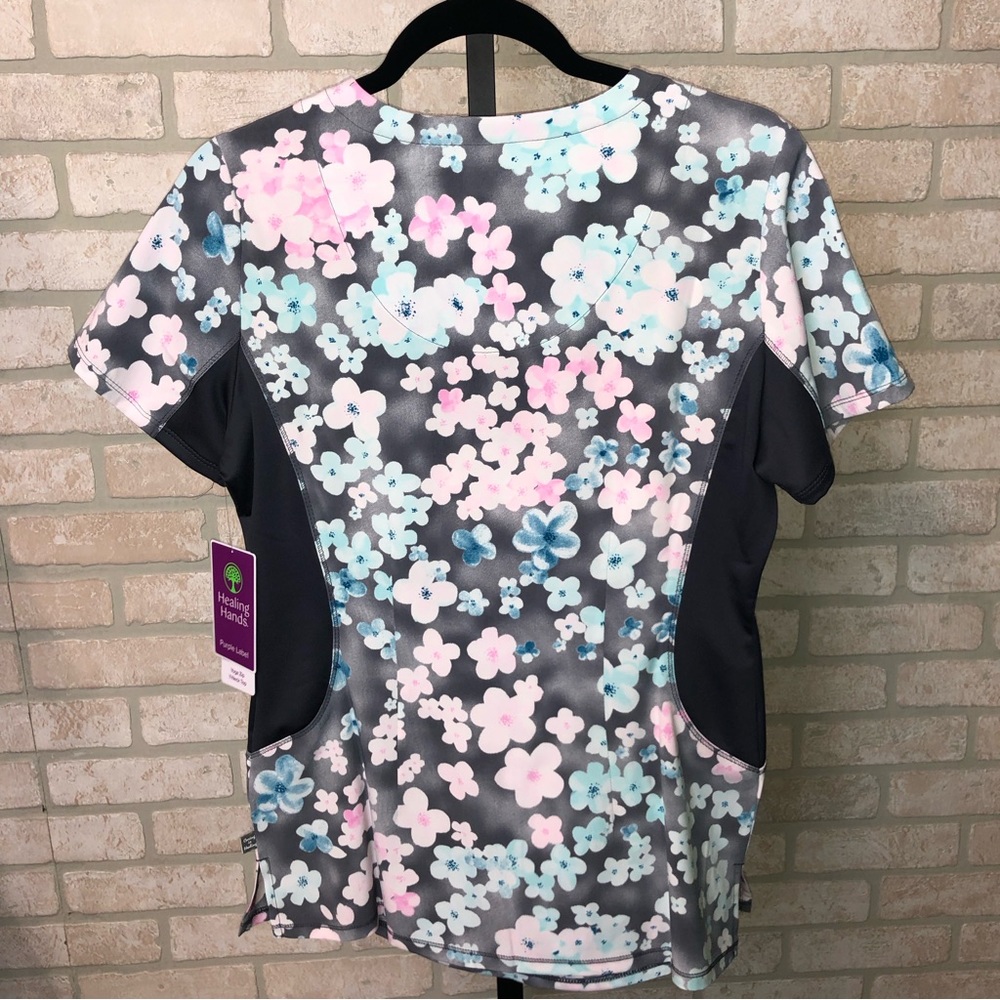 Healing Hands Purple Label Yoga Zip V neck blue floral short sleeve scrub top - Picture 8 of 12